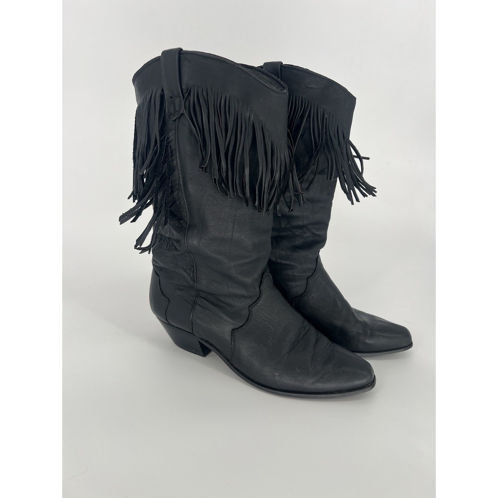 Dingo Womens Vintage Western Cowboy Boots Black Leather Fringe Mid Calf Size 10